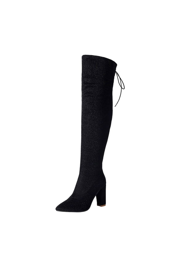 Black Womens Sweet Cool Chunky Heel Sequin Boots Side Zipper Knee High Fall Winter Fashion Trendy Comfortable