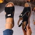 thumbnail image 1 of Black Womens T-Strap Wedge Sandals Comfortable Arch Support PU Faux Leather Low Heel Casual Dressy Ankle Strap Buckle,Size 39, 1 of 9