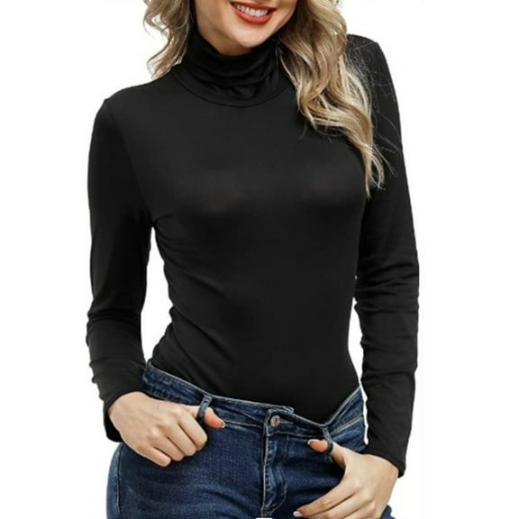 Black Womens Tee Shirt Tops, Long Sleeve Plus Size Blouses for Women, Weekend Polyester Juniors Tops, Women Mock Turtleneck Pullover High Neck Sexy Tight Fitting Priming T Shirt