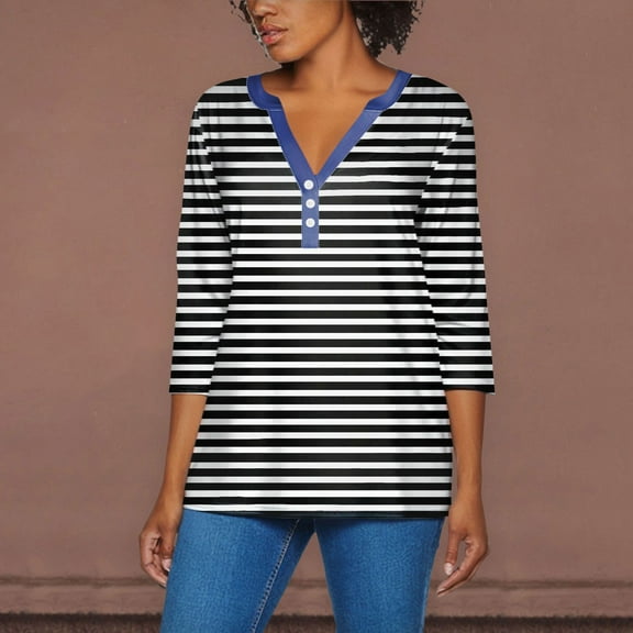 Black Womens Tops 2025 Womens Summer Tops Cute V Neck Shirts 3/4 Length Sleeve Blouses Dressy Loose Fit Tunics Graphic Tees Shirts for Women