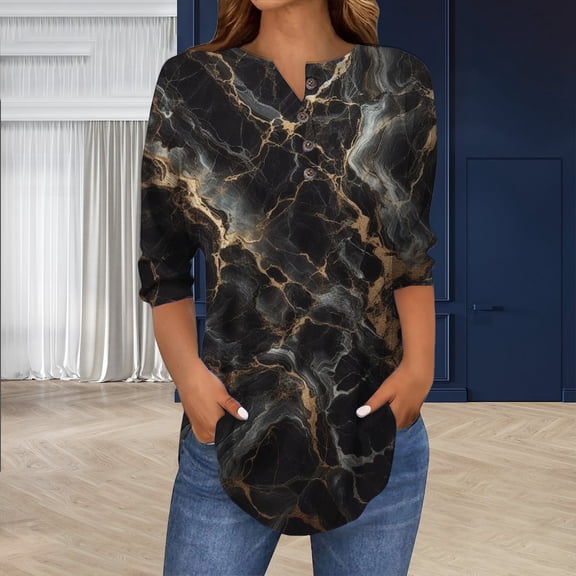 Black Womens Tops 3/4 Length Sleeve Womens Tops 2025 Spring Neck Casual Print Tunic T Shirts Three Quarter Length Womens Tops Shirts for Women