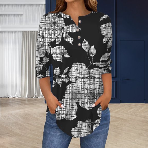 Black Womens Tops 3/4 Length Sleeve Womens Tops 2025 Spring Neck Casual Print Tunic T Shirts Three Quarter Length Womens Tops Shirts for Women