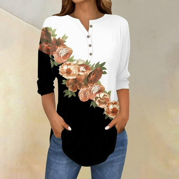 Black Womens Tops 3/4 Length Sleeve Womens Tops 2025 Spring Neck Casual Print Tunic T Shirts Three Quarter Length Womens Tops Shirts for Women