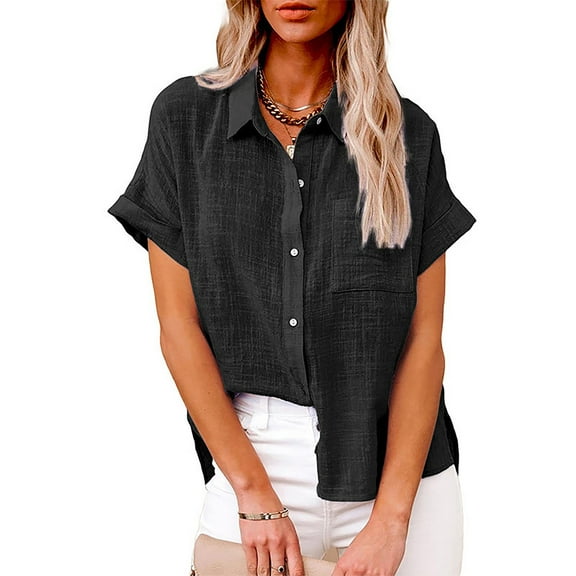 Black Womens Tops Fashion Women's Solid Linen Casual Loose Short Sleeve Button Shirts for Women