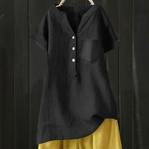 Black Womens Tops Linen Blouse Summer Beach Short Sleeve V Neck Button Down Top Casual Tunic Loose Shirt 2025 Shirts for Women