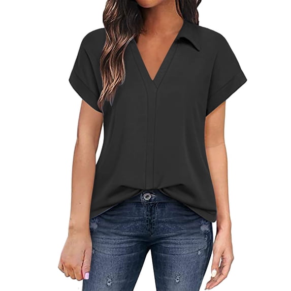 Black Womens Tops Solid Color Business Casual Short Sleeve Shirt Shirts for Women Size XXL