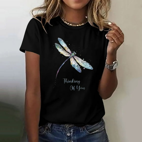 Black Womens Tops Thinking Of You Women's Letter Printed Shirt Short Sleeve Round Neck T Shirt Fashion Top Lightweight Soft Casual Summer Clothing Clothes Shirts for Women