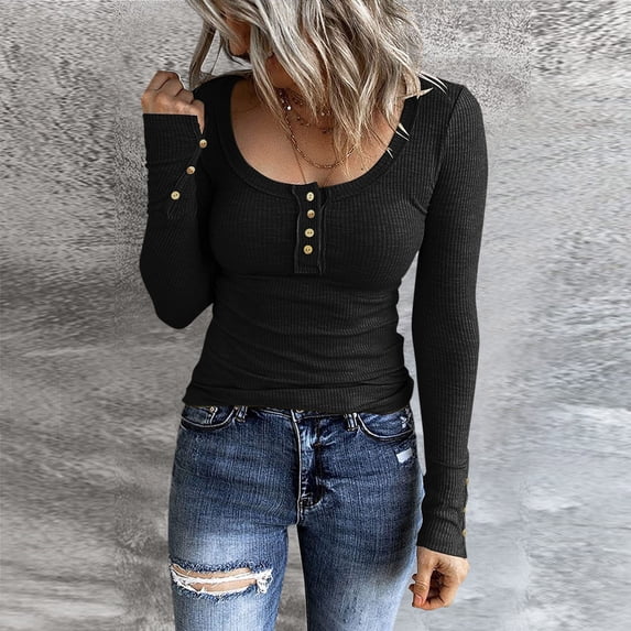 Black Womens Tops Women Long Sleeve Henley T Shirts Button Down Slim Fit Tops Scoop Neck Ribbed Knit Shirts Going Out Tops for Women