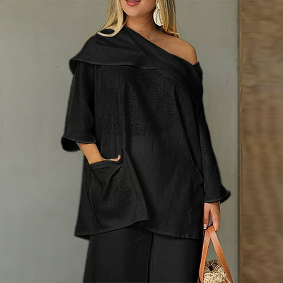 Black Womens Tops Women's Casual Solid Color Long Sleeve Cotton and Linen Top Draped Neck 3/4 Sleeve Comfortable Casual Linen Pocket Shirts Shirts for Women