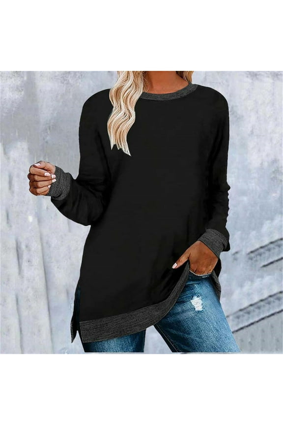 Black Womens Tops Women's Clothing Long Sleeve Round Neck Split Top Loose Casual Pullover Top Shirt Going Out Tops for Women