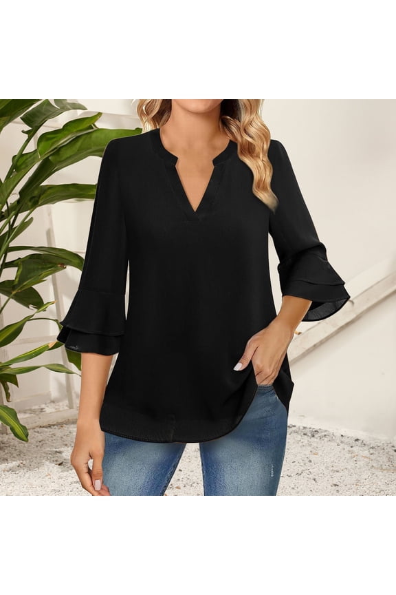 Black Womens Tops Women's Fashion Casual Seven Point Flared Sleeve Double Chiffon Waist Solid Color V Neck Top