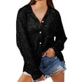 thumbnail image 1 of Black Womens Tops Women's Long Sleeve Fashionable Sequin Lapel Solid Color Casual Shirts for Women, 1 of 4