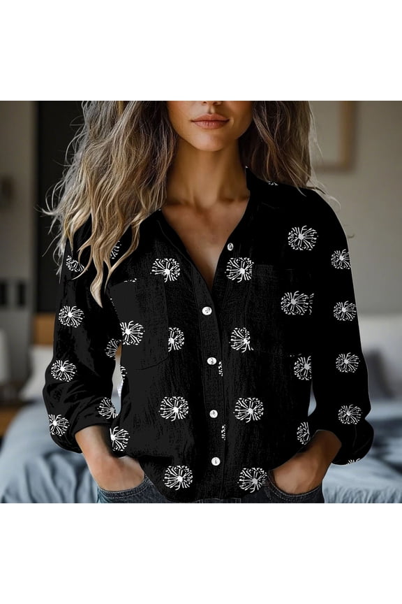 Black Womens Tops Women's Long Sleeved Printed Button Down Shirts for Women
