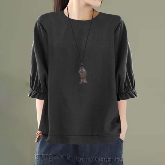 Black Womens Tops Women's Loose Round Neck Large Size Five Point Sleeve Top Shirts for Women