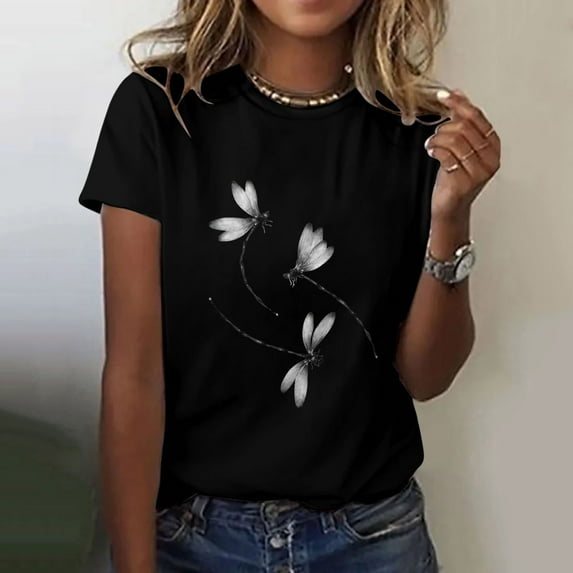 Black Womens Tops Women's Print Shirt Short Sleeve Round Neck T Shirt Fashion Top Lightweight Soft Casual Summer Clothing Clothes Shirts for Women