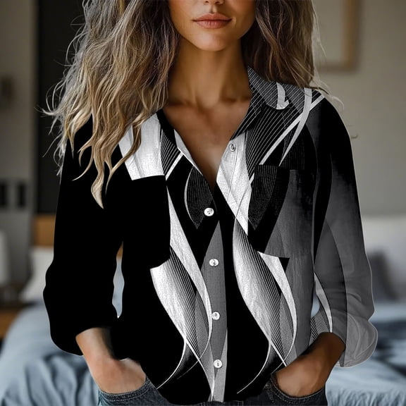 Black Womens Tops Women's Single Breasted Pleated Lapel Shirt Station Explosion Women's Solid Color European and American Sleeve Top Shirts for Women