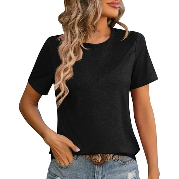 Black Womens Tops Women's Solid Color Round Neck Decorated Color Cotton Short Sleeve T Shirt Top Shirts for Women