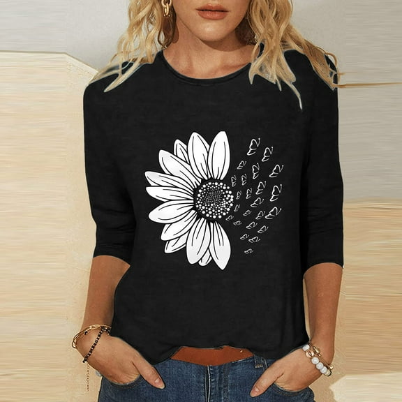 Black Womens Tops Women's Sunflower Chrysanthemum Flower Butterfly Print 7 Quarter Sleeve Crew Neck Top Going Out Tops for Women