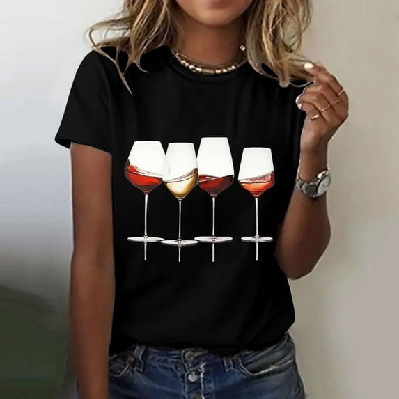 Black Womens Tops Women's Wine Glass Printed Shirt Short Sleeve Round Neck T Shirt Fashion Top Lightweight Soft Casual Summer Clothing Clothes Shirts for Women