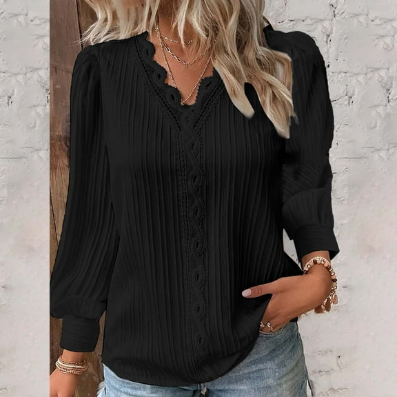 Black Womens Tops Womens Tops Lace Patchwork V Neck T Shirts Long Sleeves Blouse Loose Casual T Shirts Going Out Tops for Women