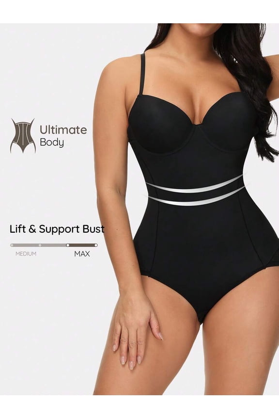 Black Womens Underwire Shapewear Bodysuit With Max Lift & Support