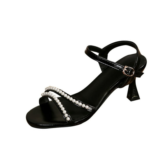 Black Womens Versatile Round Toe High Heel Sandals With Rhinestone Open Toe Buckle For Summer And Fall Comfortable Casual Wear