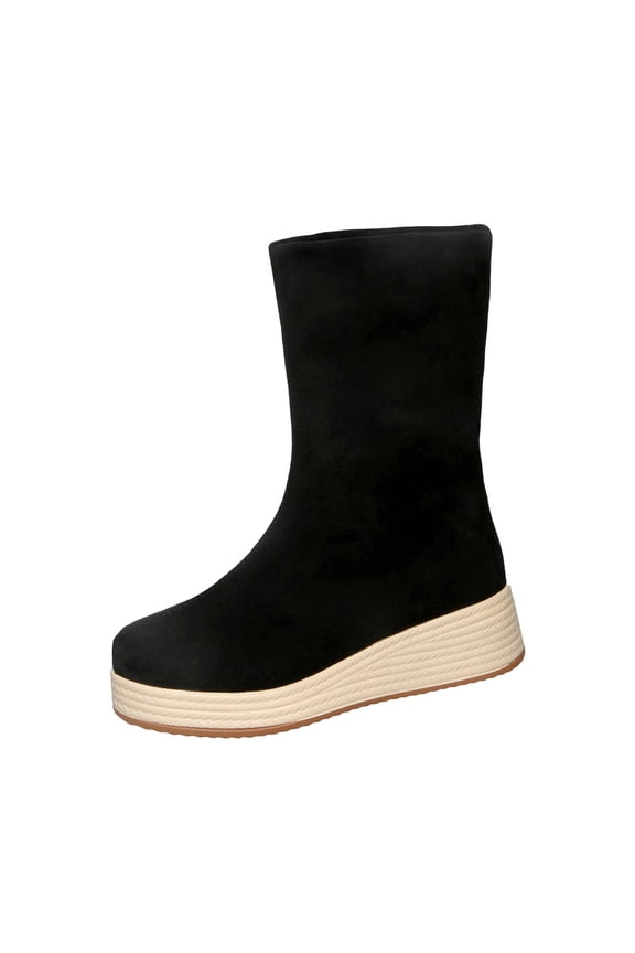 Black Womens Wedge Heel Ankle Boots Thick Sole Fold Down Collar Rope Detail Warm Lining Fall Winter Comfortable Casual Outdoor Wear Size 9