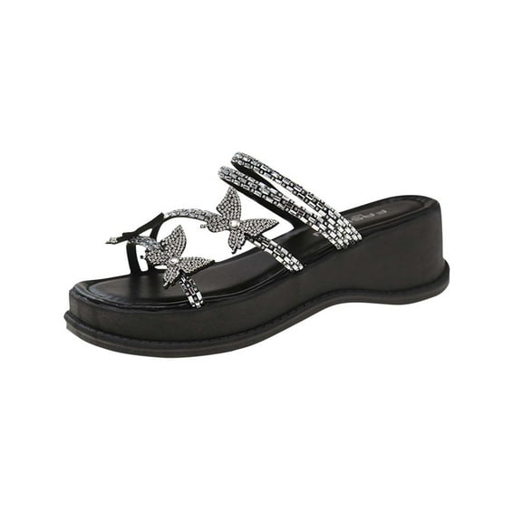 Black Womens Wedge Heel Sandals With Rhinestone Embellishment Breathable Sole In Black For Summer Wear