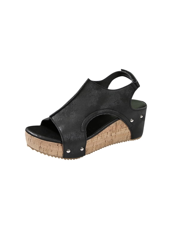 Black Womens Wedge Sandals Round Open Toe One Strap Buckle Thick Bottom Spring Summer Comfortable Breathable Lightweight Slip On Walking Size 36