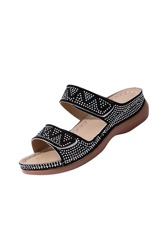 Black Womens Wedge Slippers Round Toe Open Toe Shiny Rhinestone Inlay Thick Sole Support Ideal For Beach Trips Outdoor Leisure And Daily Casual Wearing