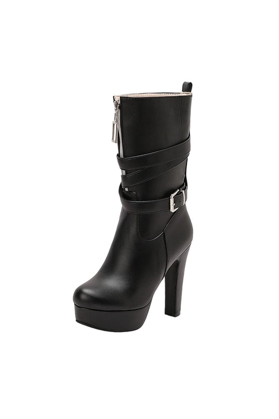 Black Womens Winter Boots With Round Toe And Front Zipper For Casual Wear And Comfort
