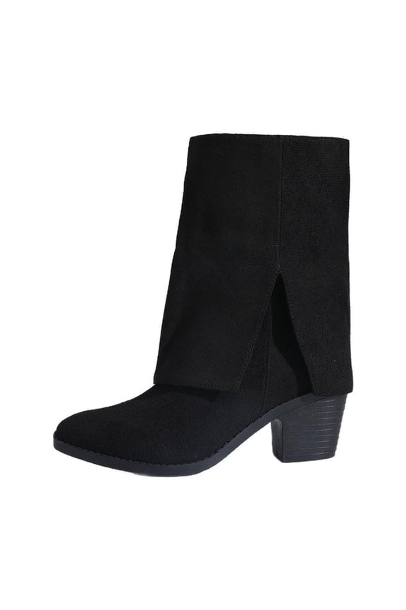 Black Womens Winter Casual Mid Calf Boots Round Toe Chunky Heel Side Zipper Slit Cuff Comfortable Booties