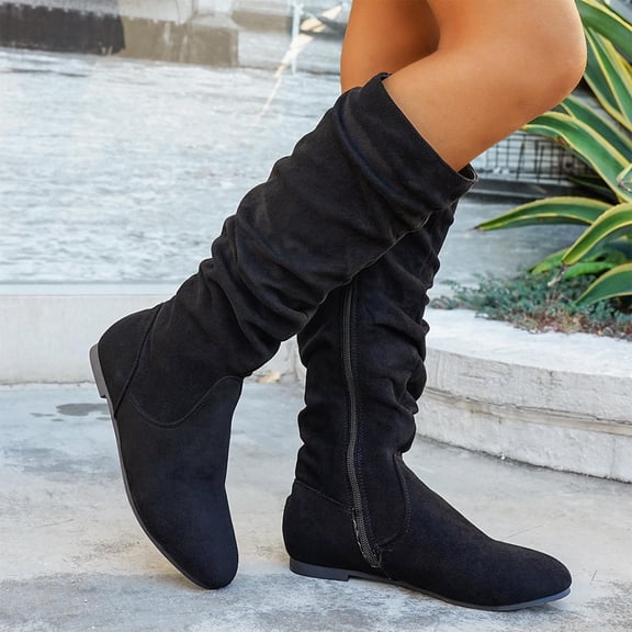 Black Womens Winter Vintage Boots Loose Over The Knee Flat Mid Calf Design Solid Color Casual Everyday Light Soft Street Daily Versatile Shoes Size 36