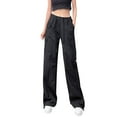 thumbnail image 1 of Black Womens Workwear Pants Cotton Drawstring Parachute Pants With 4 Pockets/Low Rise Elastic Waistband Street Summer Cargo Pants Women Size XL, 1 of 6