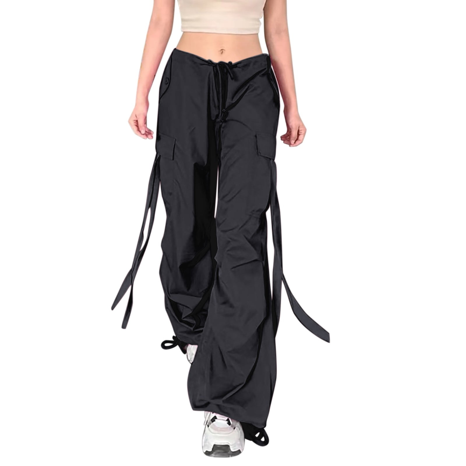 Lig. wide cargo pants✴︎美品✴︎ブラック Wide Leg Cargo Pants with Flap Pockets and Adjustable