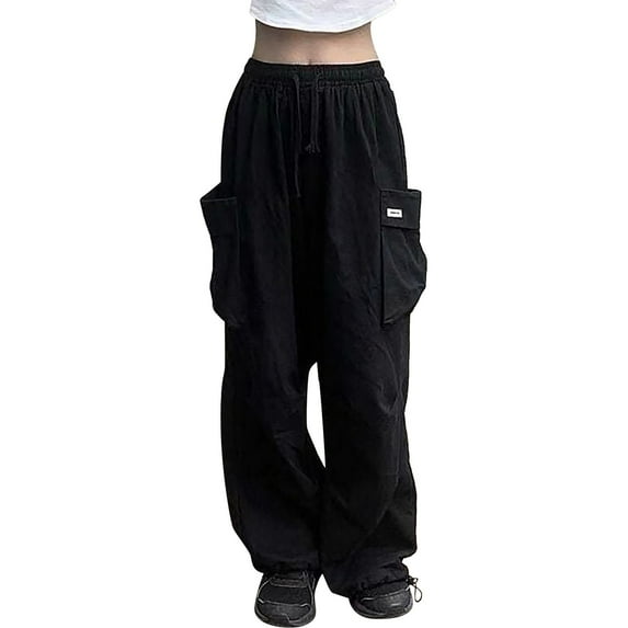 Black Womens Workwear Pants Fashion Streetwear Wide Leg High Waist Straight Vintage Baggy Trousers Overalls With Pockets Cargo Pants Women Size S
