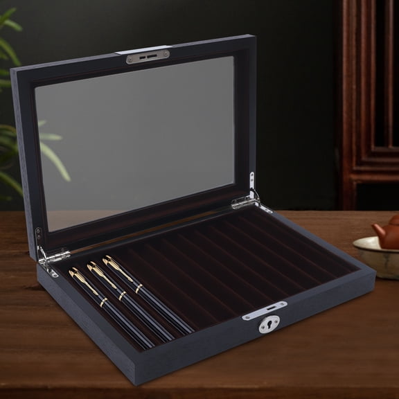 Black Wood 32*22*5.5cm Pen Box 12-Bit Lock Display Box Suede Dust Collection Box