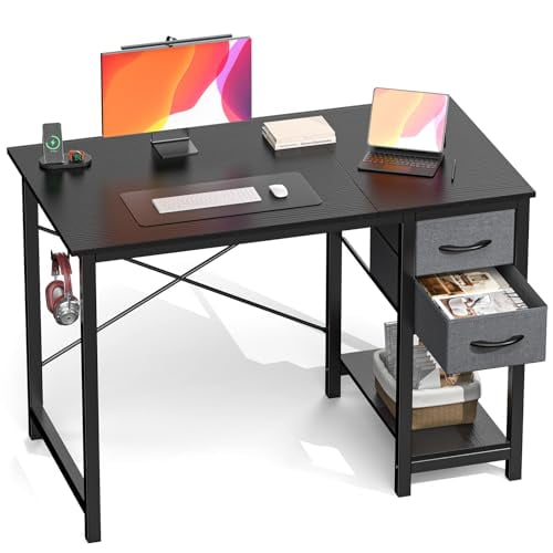 Black Wood 40" Study Writing Desk, Heavy-Duty Computer Desk with X-Shaped Reinforcement, Adjustable Fabric Drawers and Side Hook Design, Multipurpose Wooden Table for Home Office & Bedroom Use