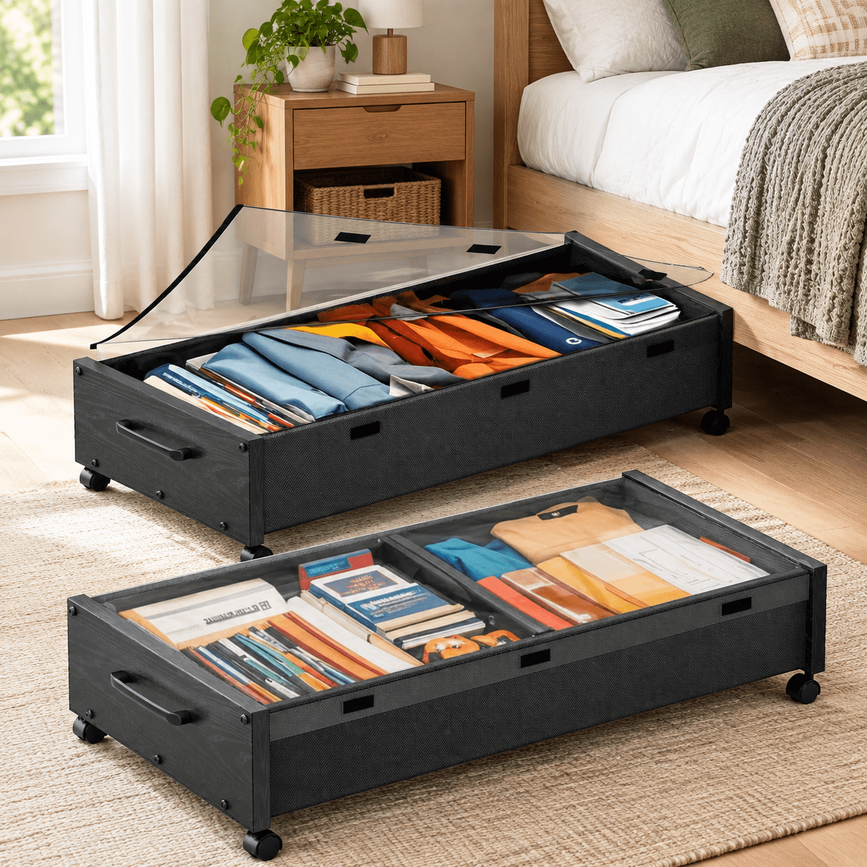 Black Wood 90cm-2 Pack Under Bed Storage Chest with Wheels, 80L Extra ...