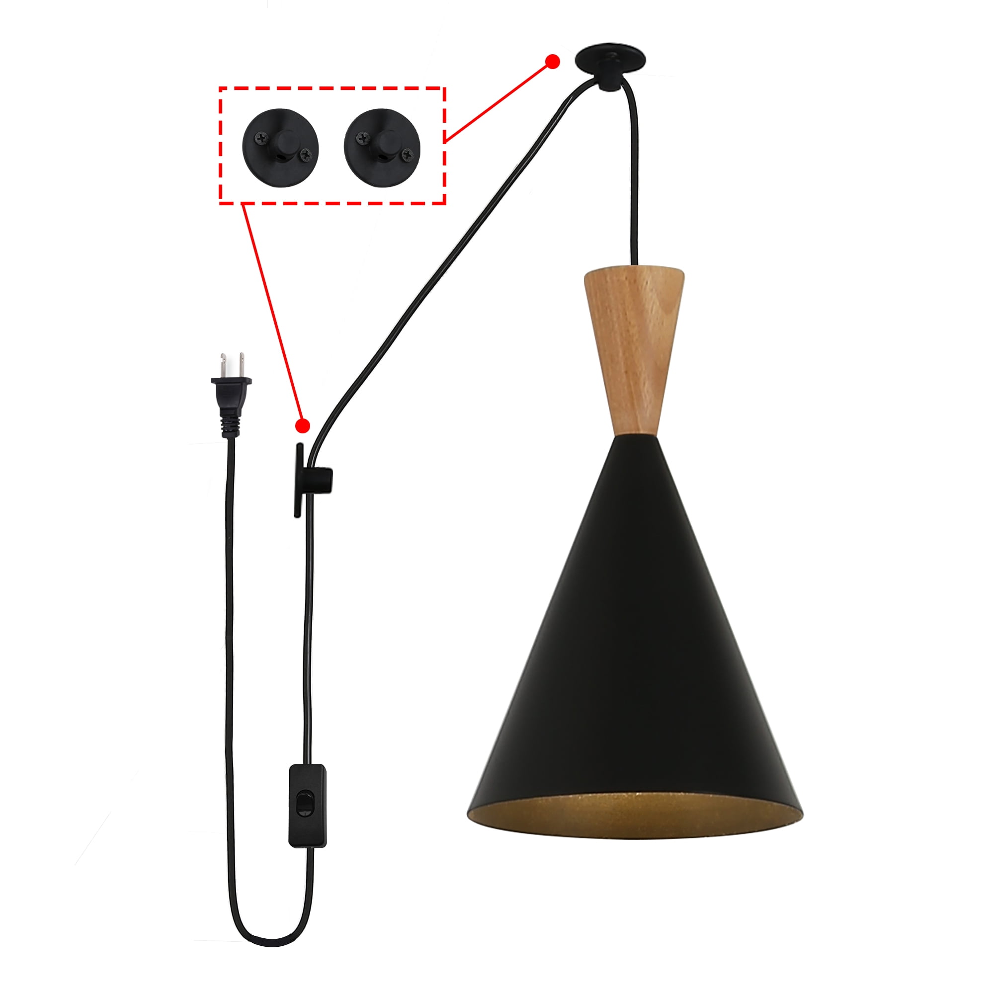 Black Wood Adjustable Height Pendant Wall Light Modern Industrial