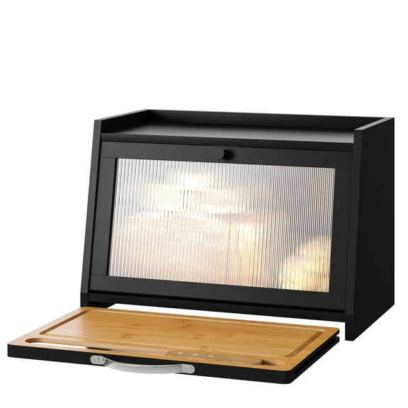 Black Wood Bread Box with Board, Kitchen Counter Storage
