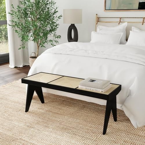Black Wood Cane Bench for Entryway, Bedroom, or Living Room Woven Rattan Seat, Boho Accent Bench for Hallway or Foot of Bed 45 Long, Easy Assembly$$Home Decor, Kitchen, & Other