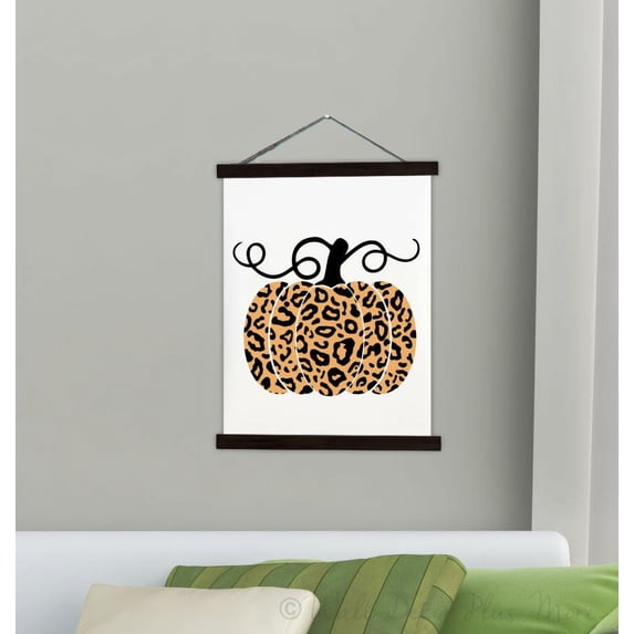 Black Wood, Canvas Sign Fall Leopard Print Pumpkin Wall Hanging Home Décor Art Print, 19x24-Inch