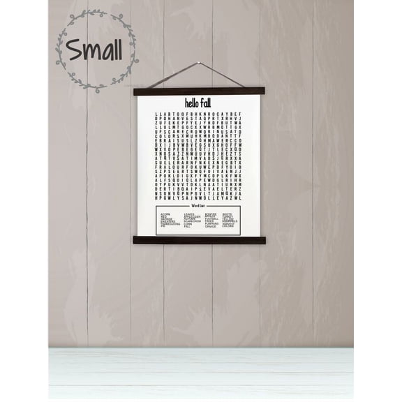 Black Wood, Canvas Sign, Hello Fall Word Search Puzzle Art Print, Lightweight Ready to Hang Wall Hanging, 12x14.5-Inch