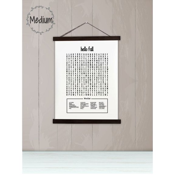 Black Wood, Canvas Sign, Hello Fall Word Search Puzzle Art Print, Lightweight Ready to Hang Wall Hanging, 15x19-Inch