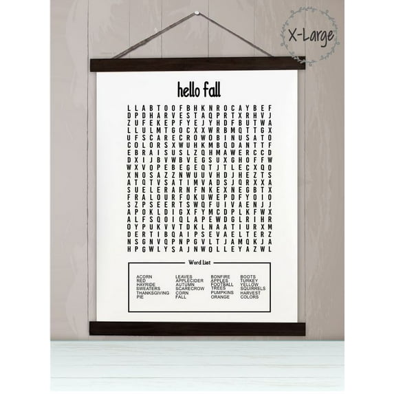 Black Wood, Canvas Sign, Hello Fall Word Search Puzzle Art Print, Lightweight Ready to Hang Wall Hanging, 23x30-Inch