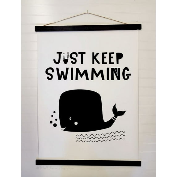 Black Wood, Canvas Sign Just Keep Swimming Whale Wall Hanging Kids Room Décor Print 23x30-Inch