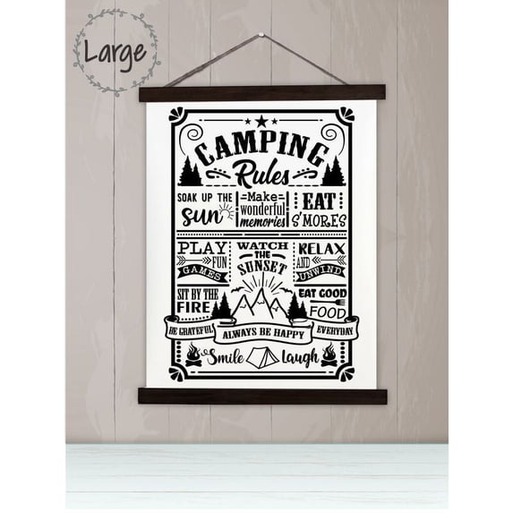 Black Wood, Canvas Sign, RV Camping Rules Wall Quote Sign, Lightweight Ready to Hang Wall Hanging, 19x24-Inch