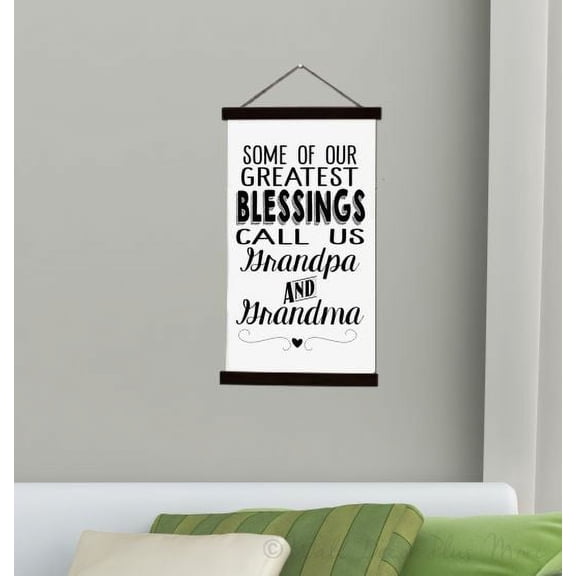 Black Wood Canvas Sign Wall Hanging, Blessings Call Us Grandpa Grandma Wall Art Sign 15x26-Inch