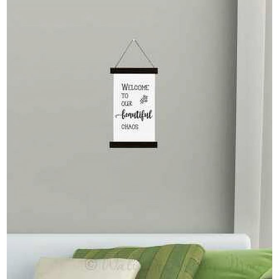 Black Wood Canvas Sign Wall Hanging, Welcome Beautiful Chaos Family Wall Art 9x15-Inch